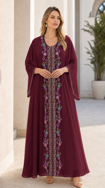 Burgundy wine red embroidered chiffon kaftan maxi dress front view