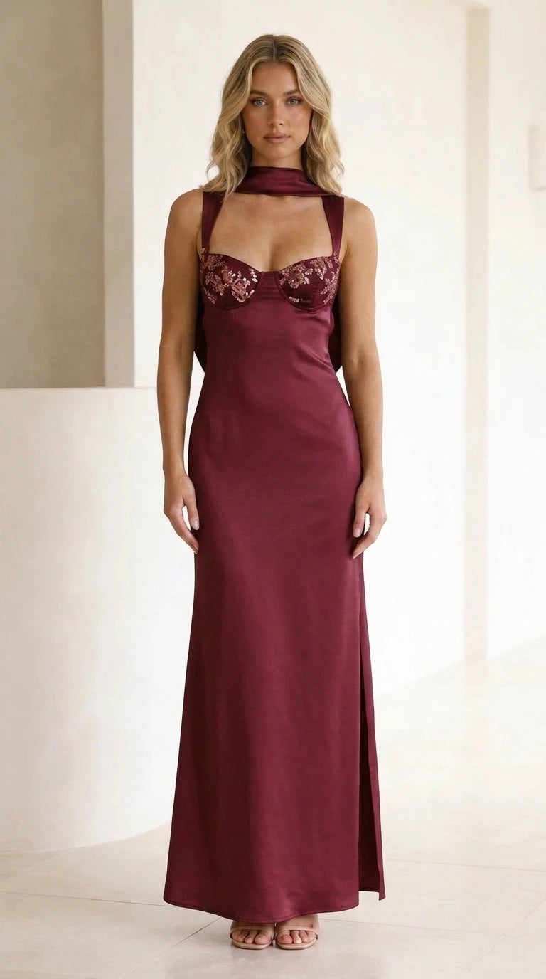 Front view of burgundy satin sequin maxi dress
