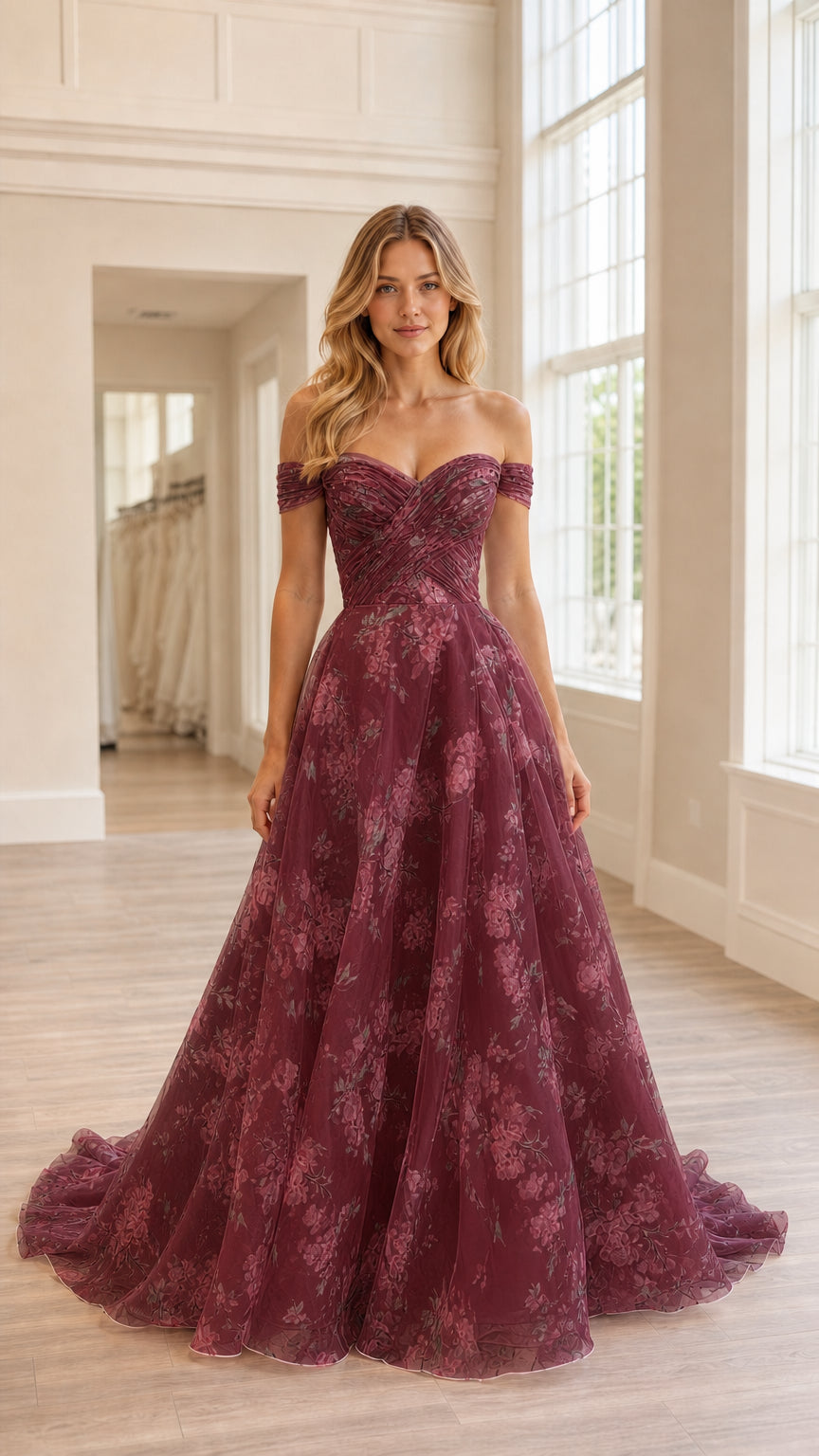 Full-length view of burgundy floral print sweetheart tulle gown