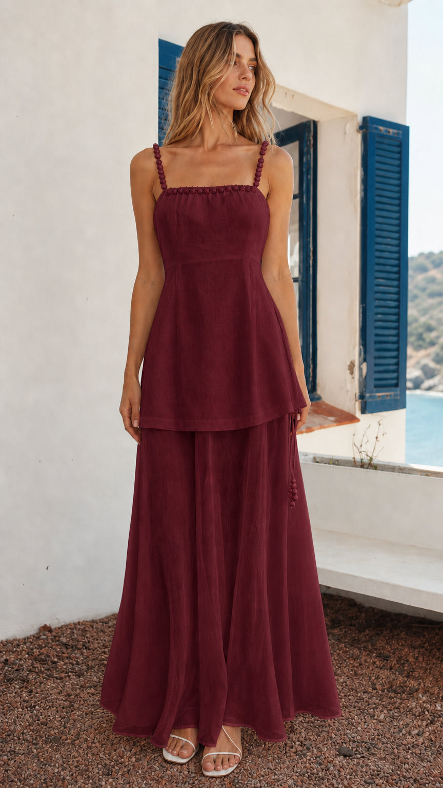 Front view of woman wearing burgundy beaded strap layered maxi dress