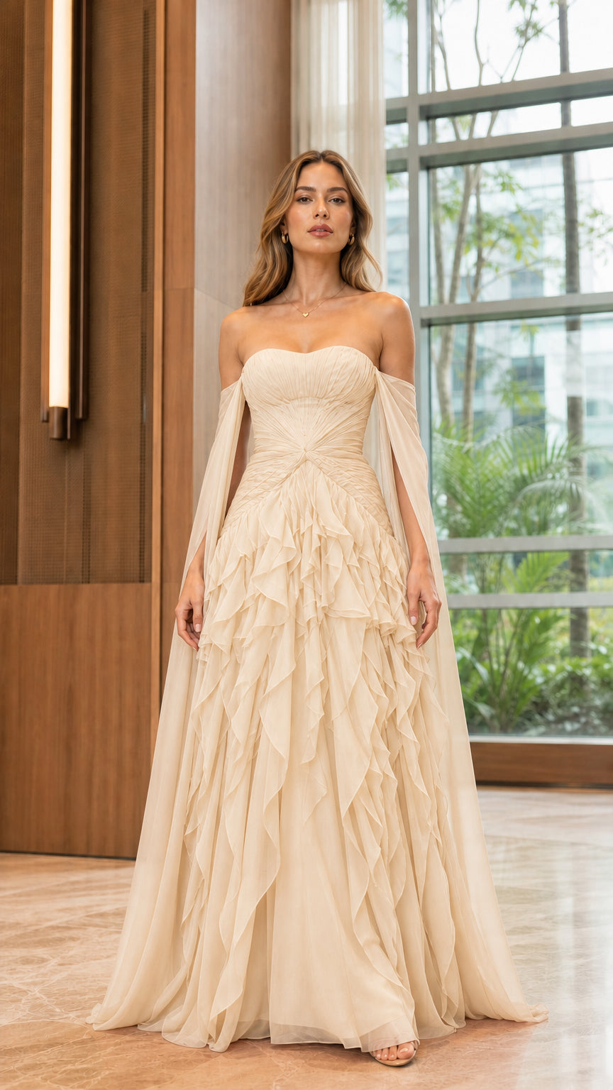 Model wearing champagne cream tiered ruffle sweetheart evening gown