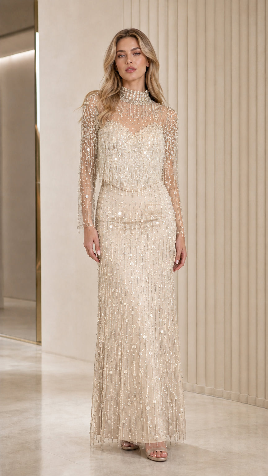 Full length view of champagne neutral shimmering evening gown