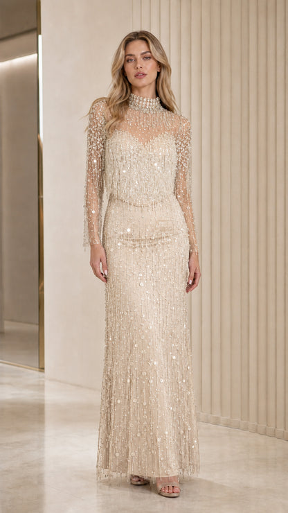 Full length view of champagne neutral shimmering evening gown