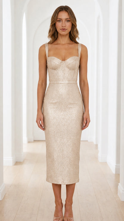 Front view of woman wearing champagne shimmer midi dress