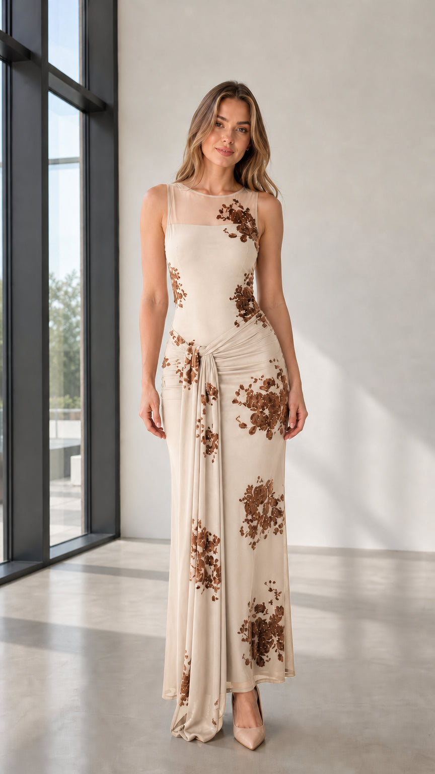 Front view of champagne evening dress