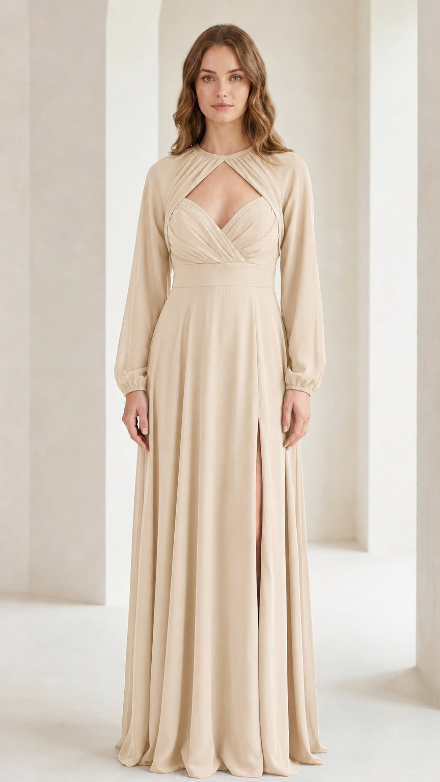 Front view of champagne long sleeve cutout maxi dress