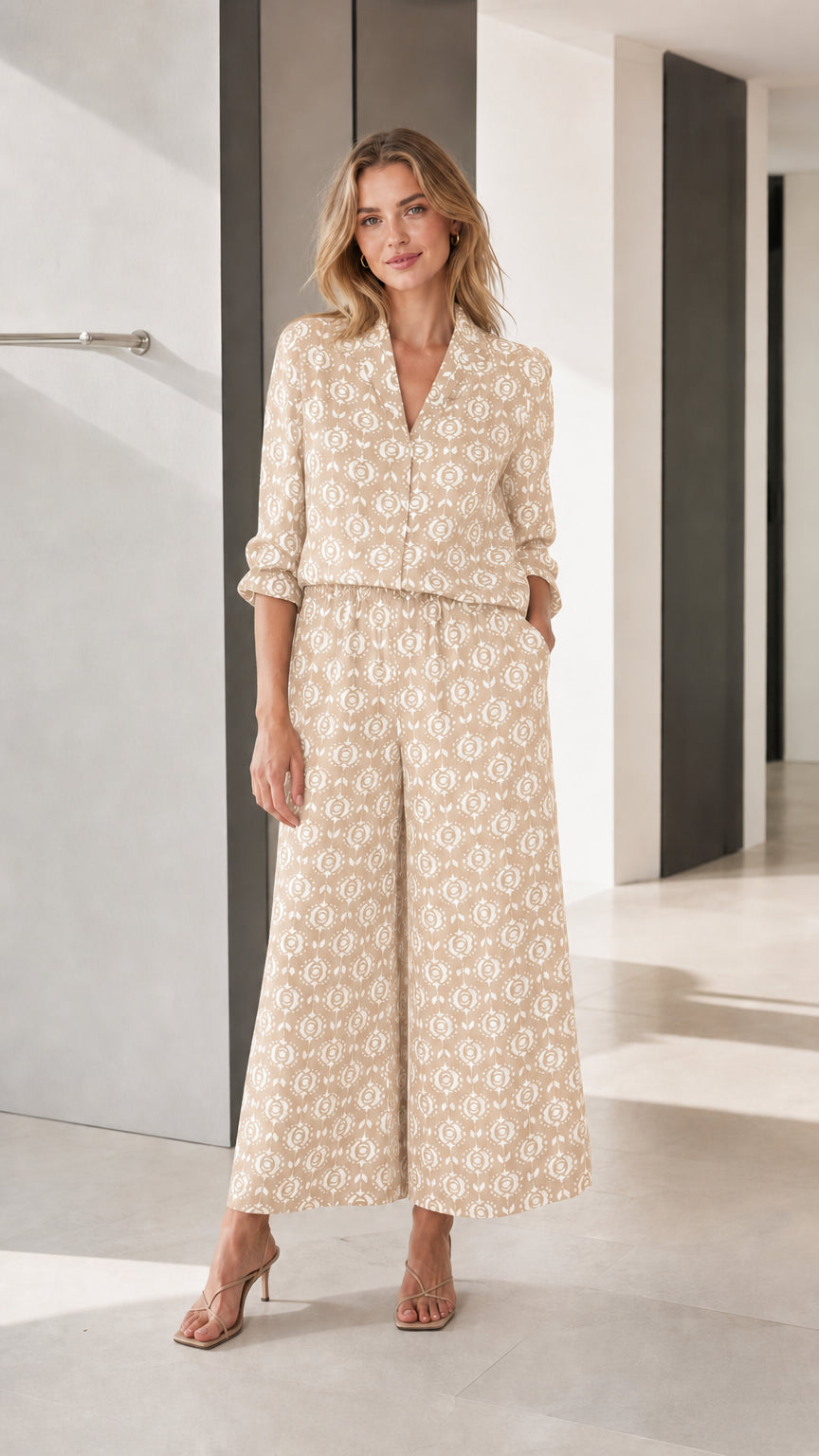 Beige printed wide-leg jumpsuit variant