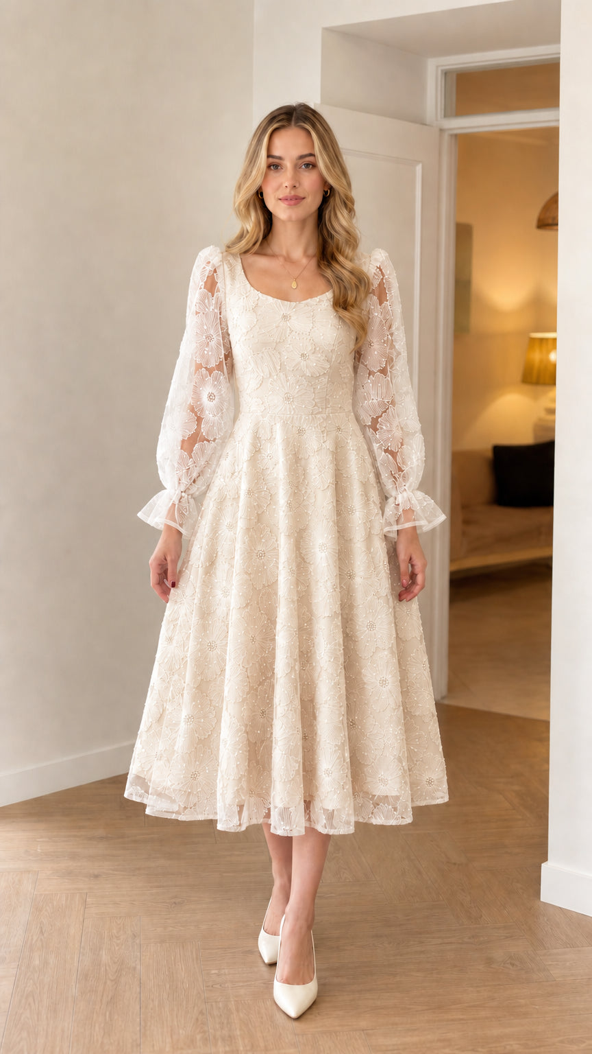 Model wearing champagne off-white embroidered sheer sleeve midi dress
