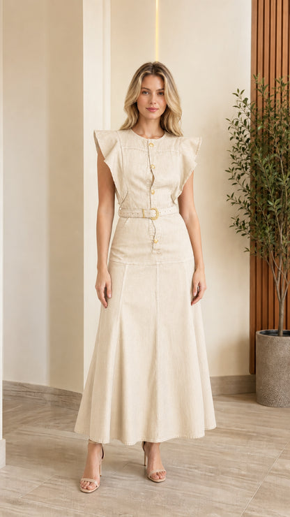 Woman wearing Cream flutter sleeve belted denim maxi dress