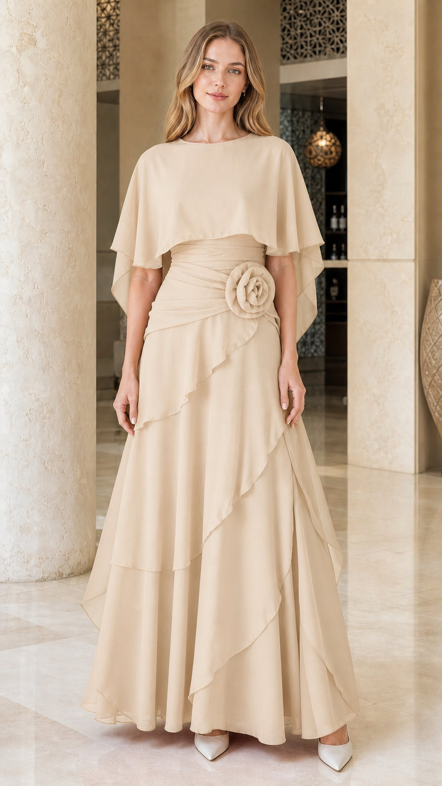 Front view of woman wearing champagne chiffon cape formal evening dress