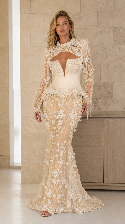 Front view of champagne variant of the evening gown