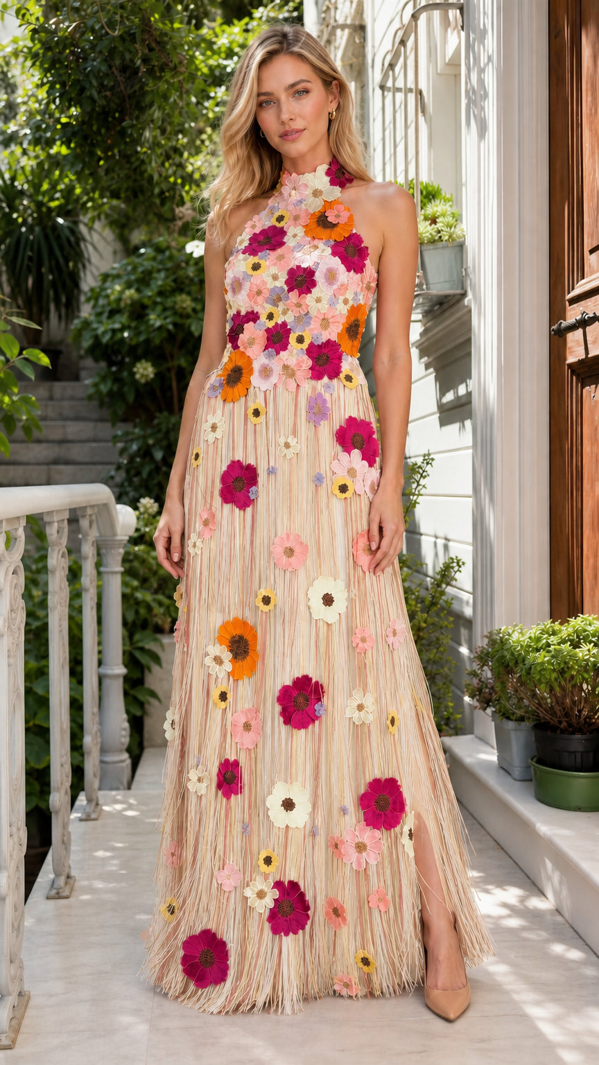 Full length view of model wearing champagne multi floral applique maxi dress