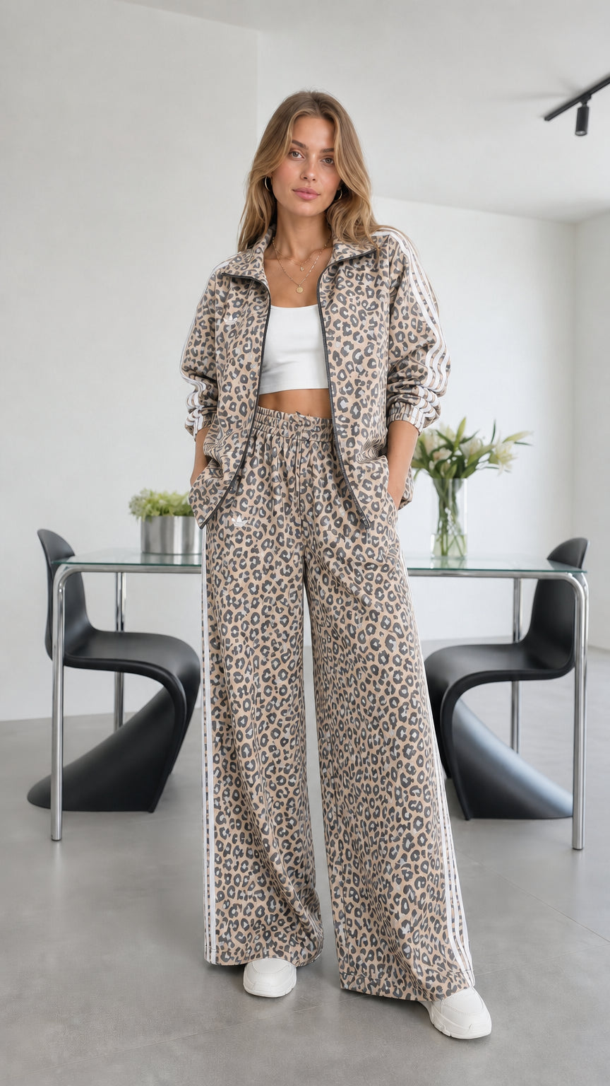 Model wearing beige leopard print track set