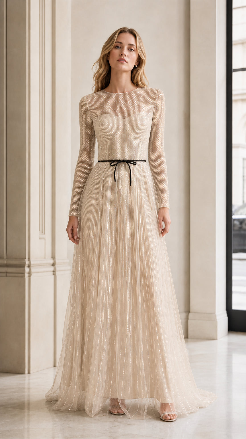 Front view of model in champagne gold sequin evening gown
