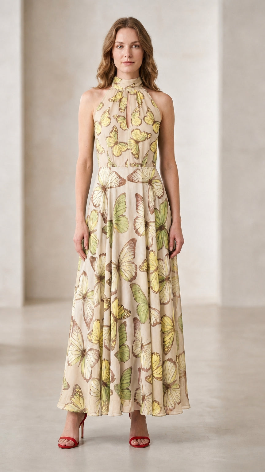 Front view of woman modeling champagne cream butterfly print halter maxi dress