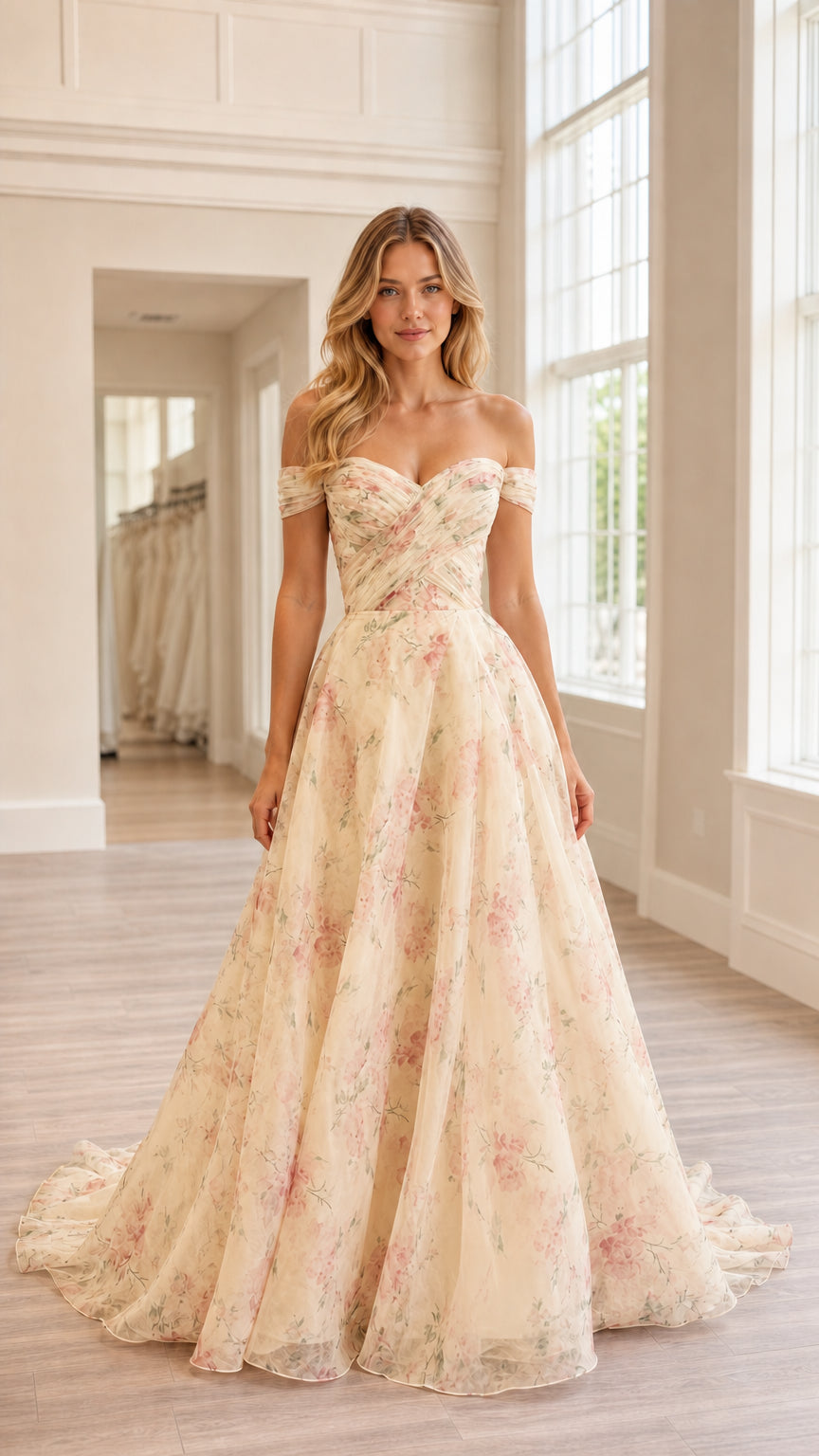 Full-length view of champagne cream floral off-the-shoulder formal dress