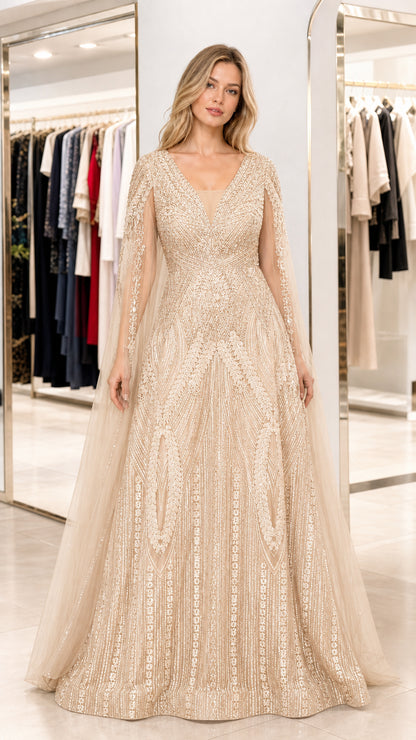 Front view of champagne gold embellished formal cape gown