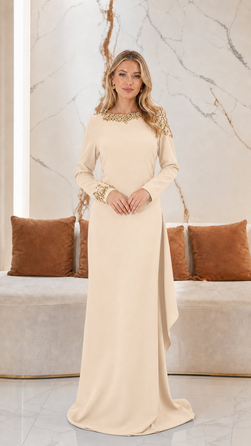 Champagne cream floor-length evening gown with gemstone embellishments