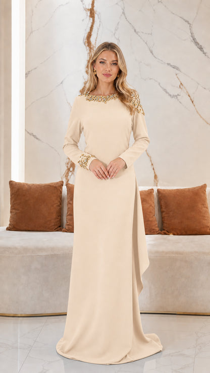 Champagne cream floor-length evening gown with gemstone embellishments