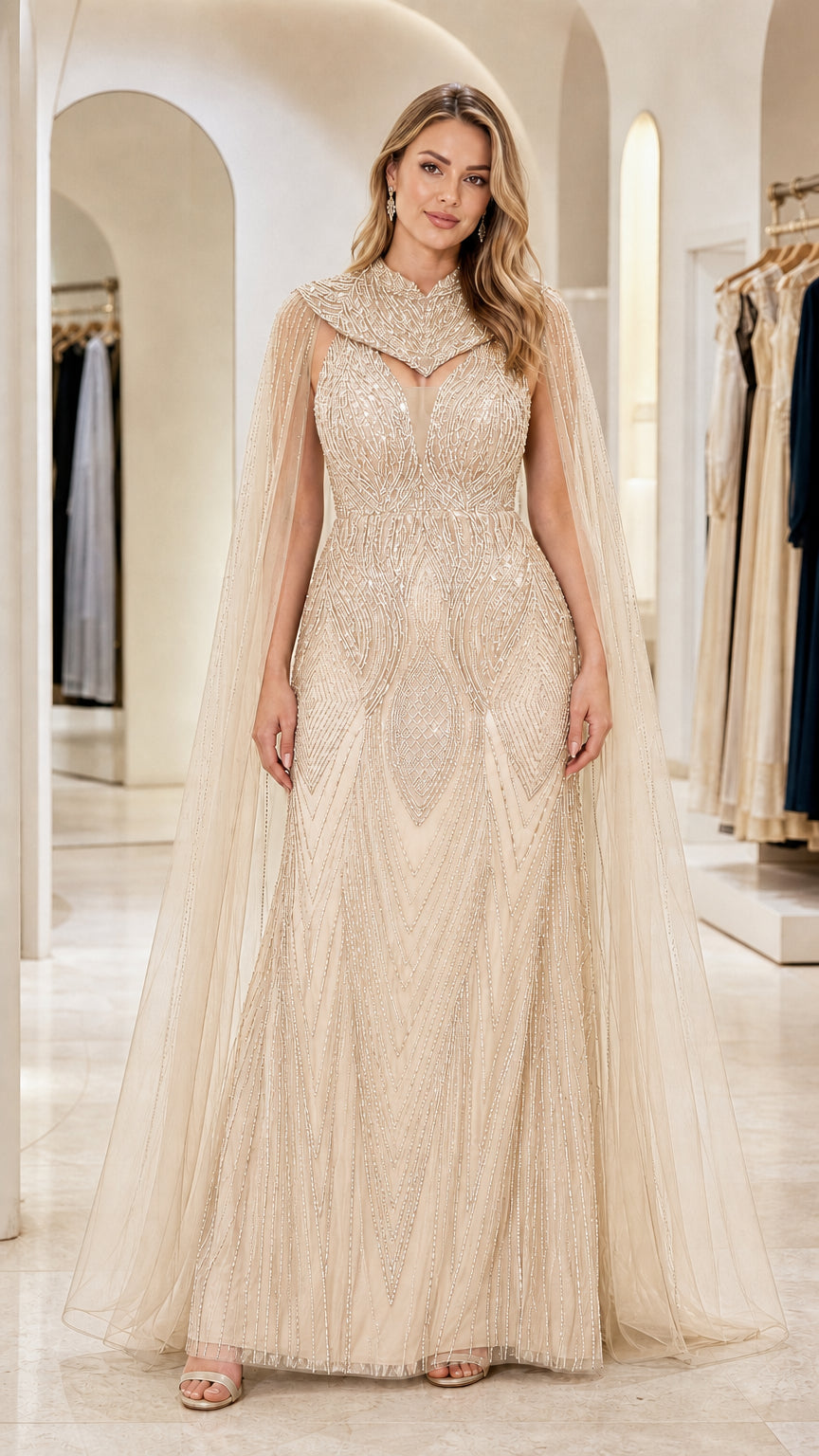 Champagne gold beaded floor-length formal gown with sheer cape overlay