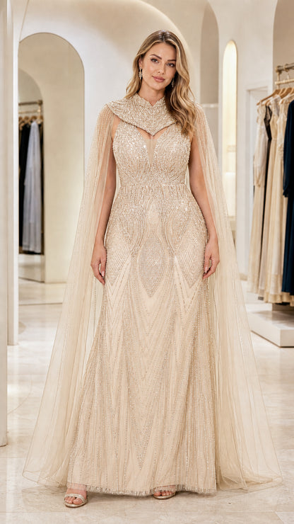 Champagne gold beaded floor-length formal gown with sheer cape overlay