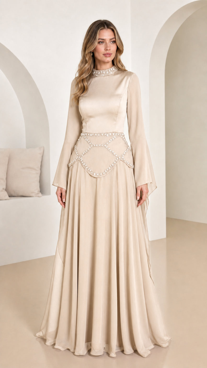 Front view of champagne formal evening dress variant