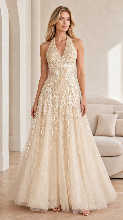 Front view of champagne embroidered halter evening gown