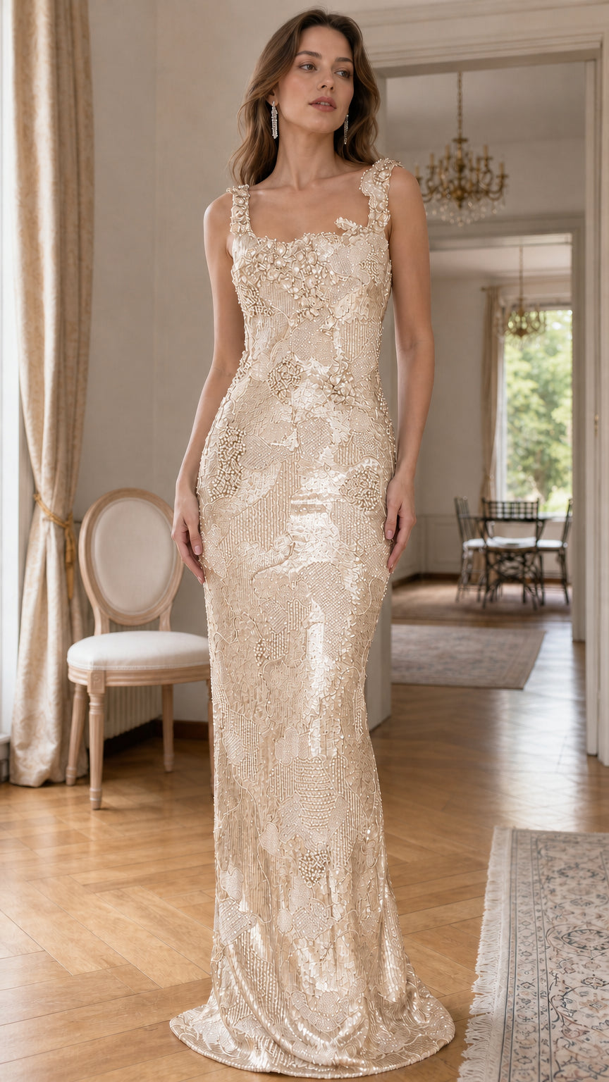 Champagne color variant of the sequined evening maxi dress