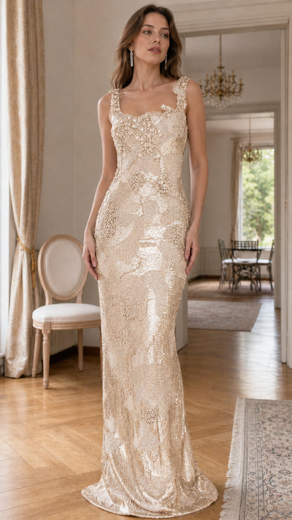 Champagne color variant of the sequined evening maxi dress