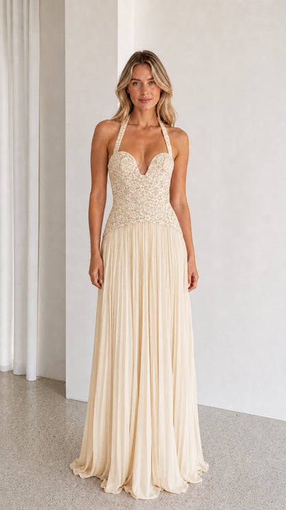 Champagne cream halter neck lace and pleated maxi dress