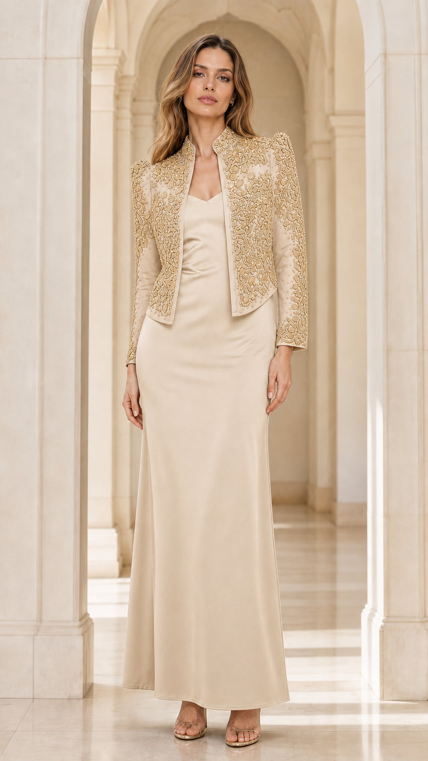 Champagne neutral formal dress and matching jacket set