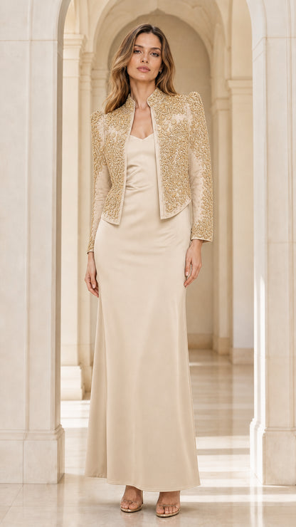 Champagne neutral formal dress and matching jacket set