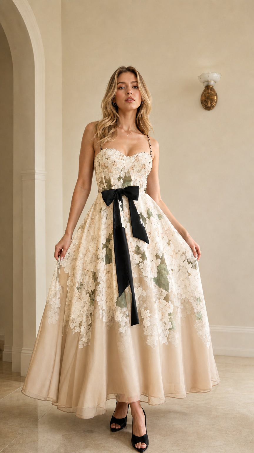Champagne color variant of the floral ombre maxi dress