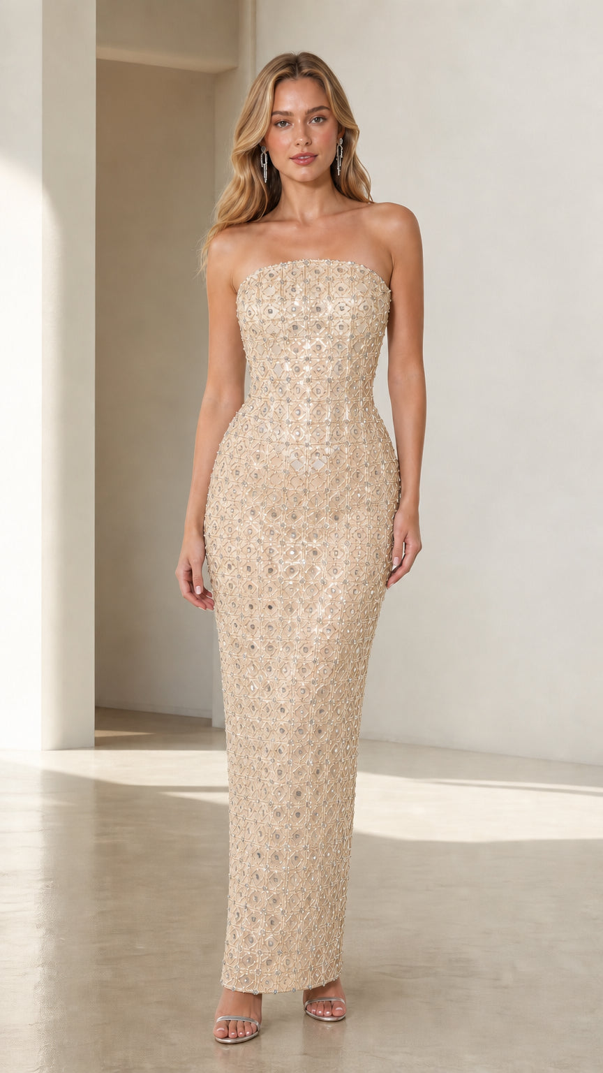 Front view of champagne gold beaded maxi dress