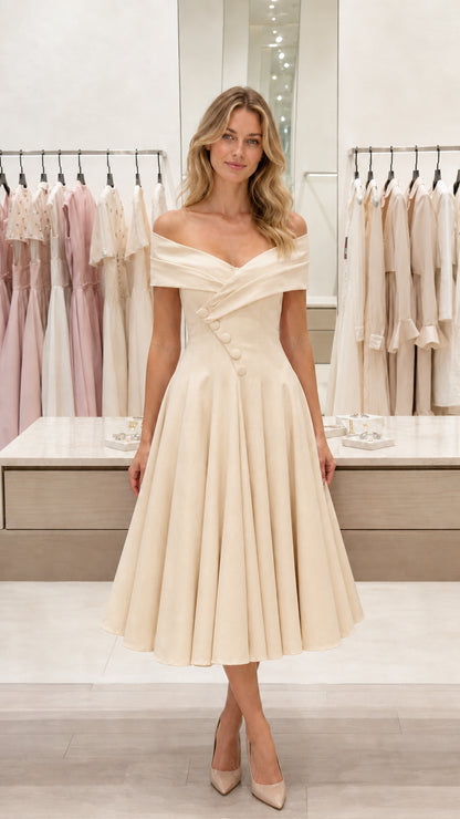 Front view of champagne off-shoulder pleated midi dress