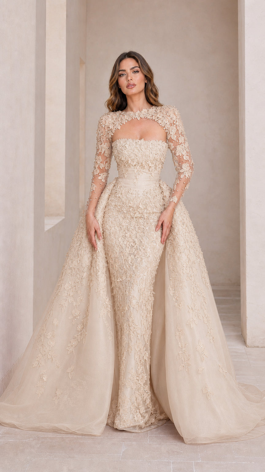 Front view of champagne neutral evening dress with delicate embroidery