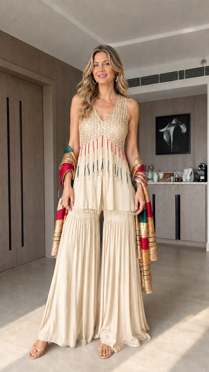 Champagne off-white sleeveless sequined sharara suit set
