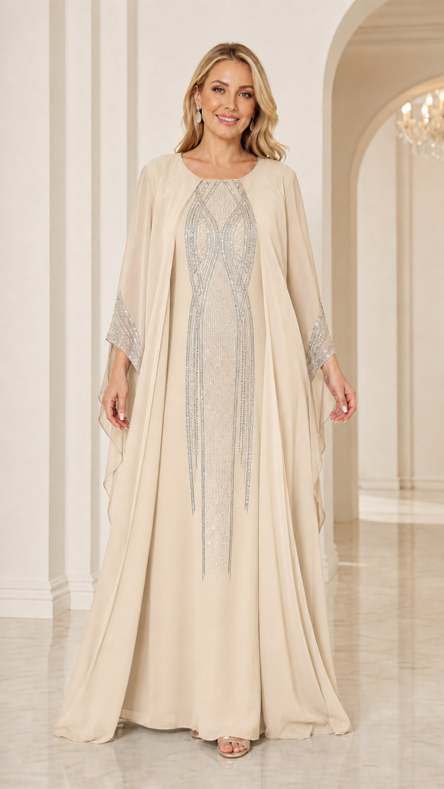 Champagne beige embellished cape evening maxi dress front view