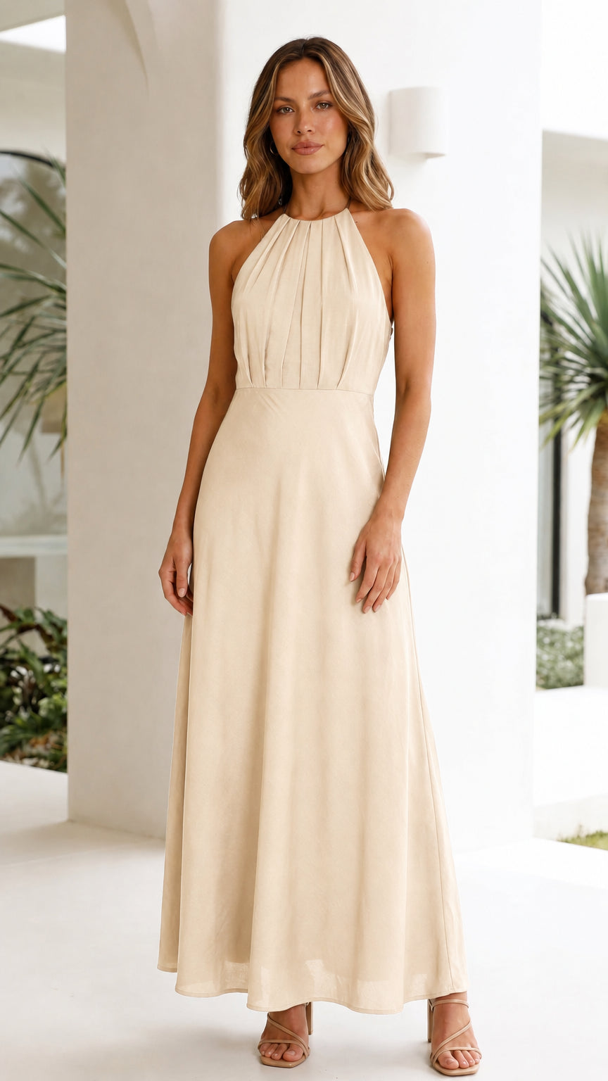 Elegance Halter Pleated Maxi Dress in Champagne