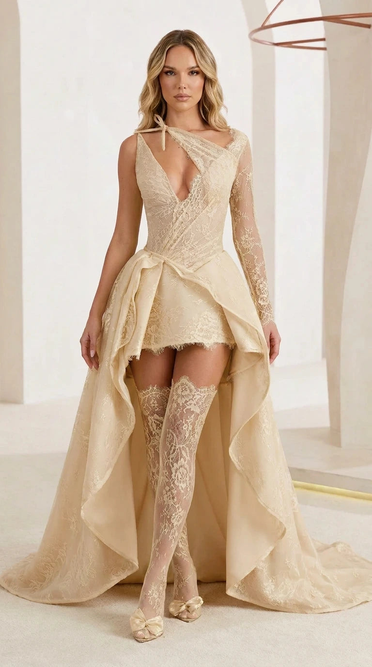 Front view of champagne color variant with matching stockings