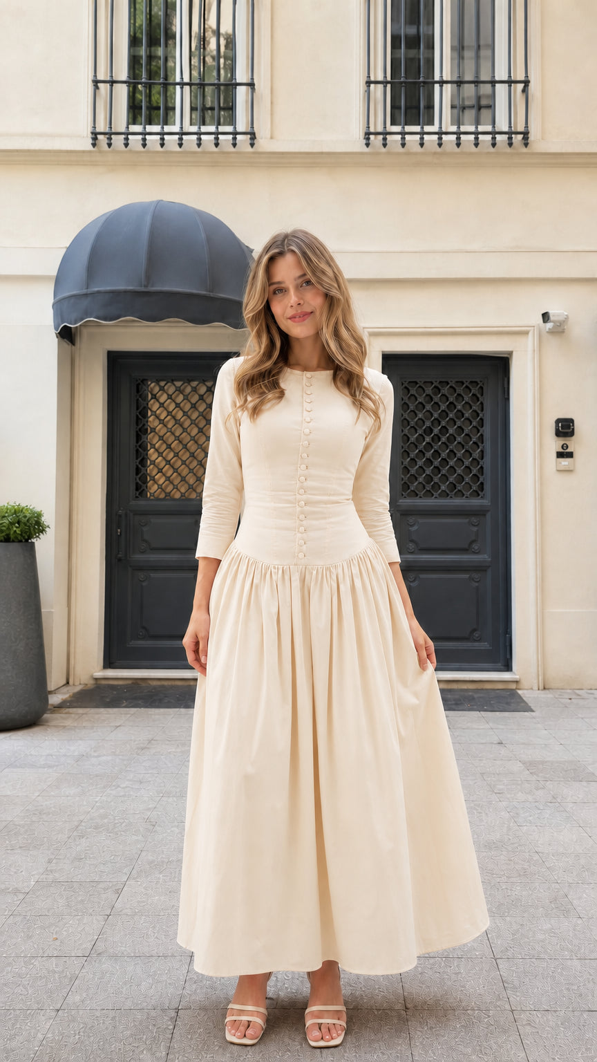 Model wearing cream beige 3/4 sleeve pleated button-front maxi dress