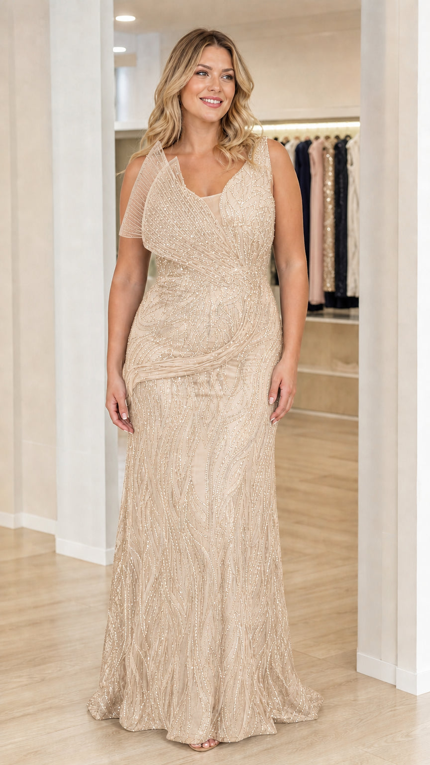 Champagne gold shimmering beaded formal evening gown