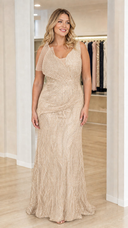 Champagne gold shimmering beaded formal evening gown