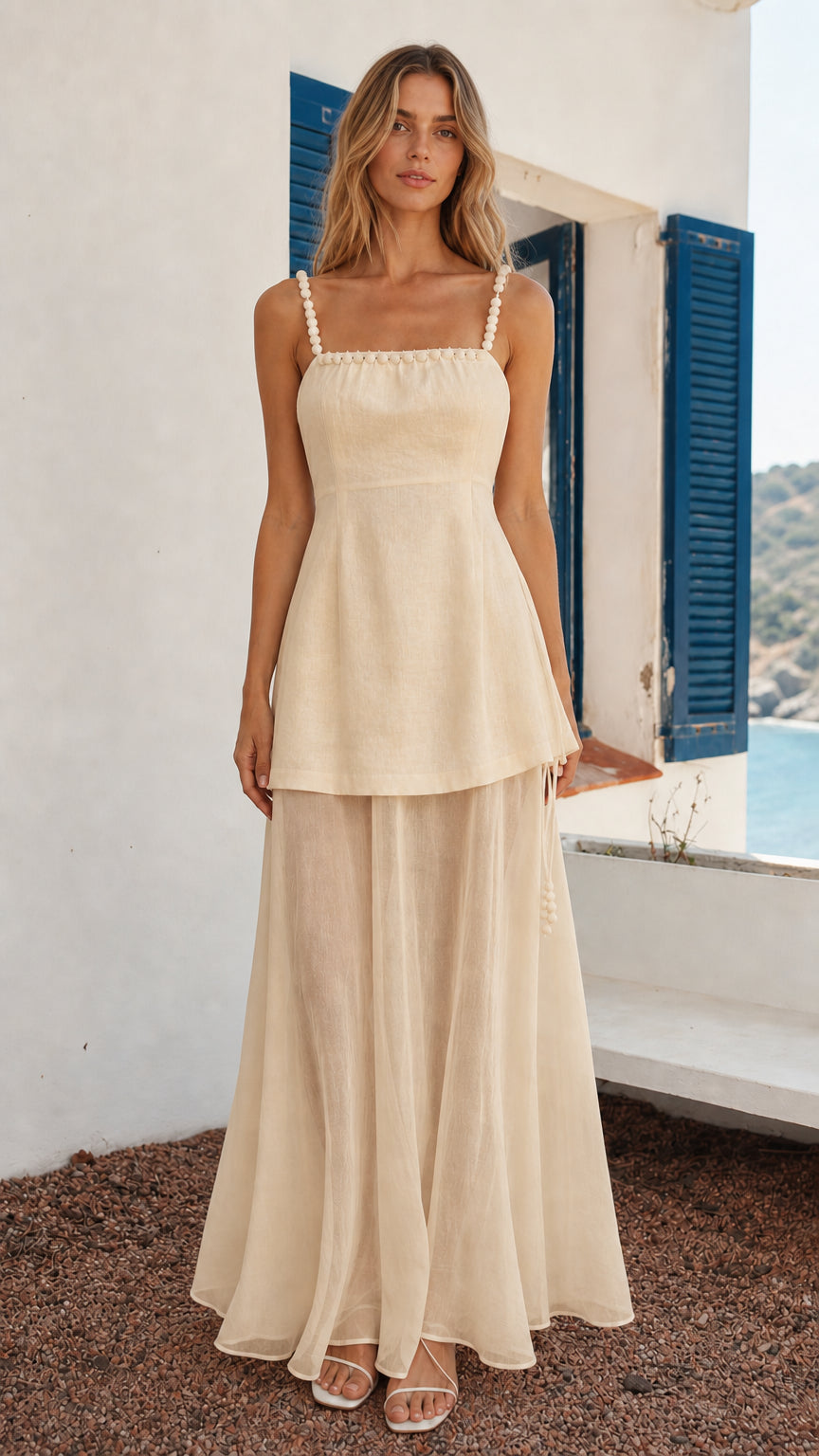 Front view of woman wearing beige beaded strap layered maxi dress