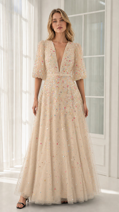 Front view of champagne crystal-embellished tulle evening gown