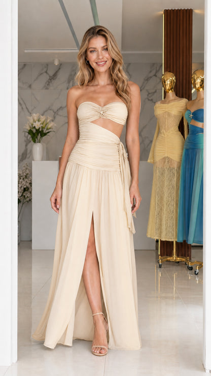 Model wearing beige strapless cutout long dress