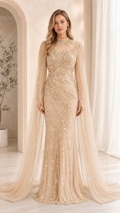 Champagne variant of the sequin evening gown with cape