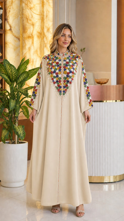 Full front view of beige cream beaded yoke modest kaftan dress