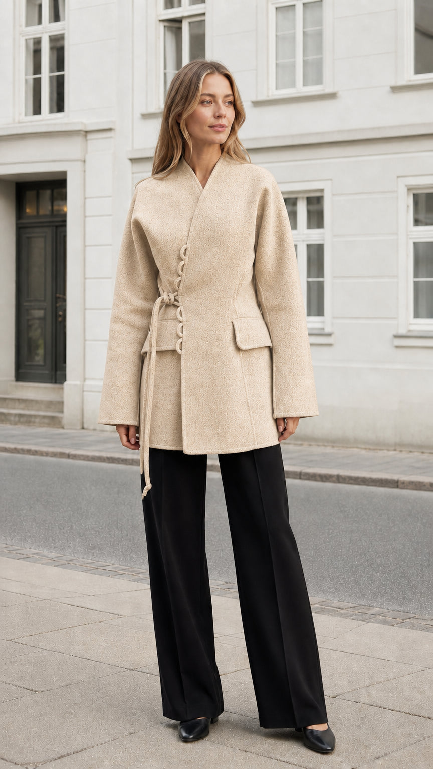 Front view of the women's ivory belted wrap coat with loop-button closure