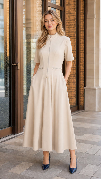 Woman wearing beige zip-front midi dress
